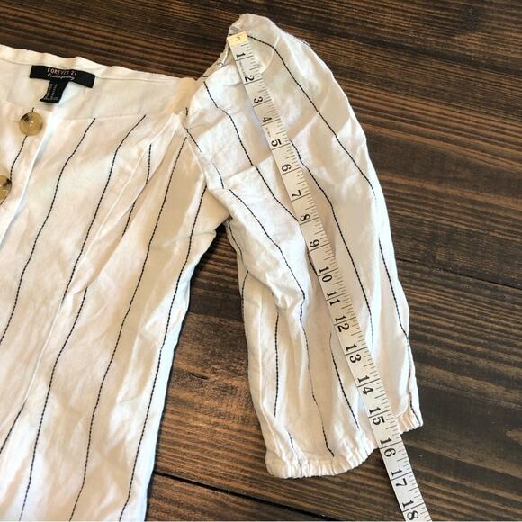 Boho Linen Square Neck Puff Sleeve Pin Striped Cropped Top Women’s Small Cream - Picture 6 of 10